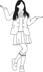 Outline drawing of a youthful female in a school uniform performing a standing pose.Ideal for educational,student or academic-themed projects,and designs requiring simple line art,minimalistic imagery