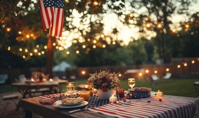 Cinematic Evening Shot of Patriotic 4th of July Decor with American Flags, Festive Outdoor Table Setting, and Warm Lighting for Celebratory Summer Gathering in Golden Hour, Generative AI