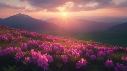Sunrise Over Mountain Range with Pink Flowers