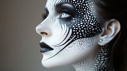 Portrait of a woman with intricate black and white face paint makeup featuring dots and patterns with a neutral background and copy space