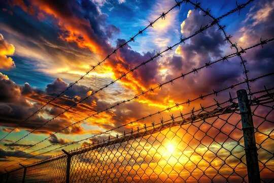 Barbed wire fences a prison bathed in dramatic sunset hues, a 3D night sky ablaze.