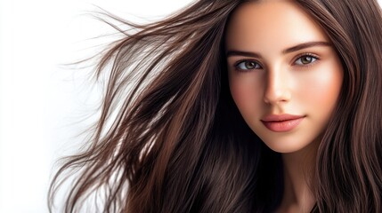 Fototapeta premium Portrait of a young woman with long flowing hair and natural makeup against a bright background with Copy Space