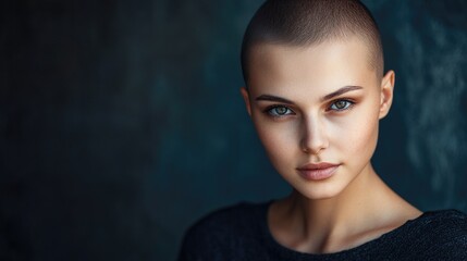 Fototapeta premium Portrait of a young woman with short hair and blue eyes against a dark background with Copy Space for text