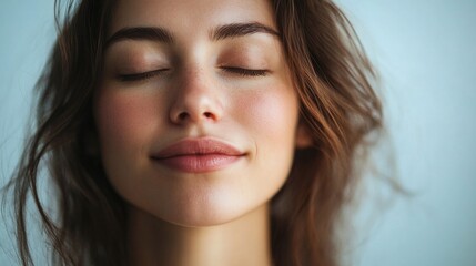 Close-up portrait of a young woman with closed eyes and a serene expression against a light blue background Copy Space