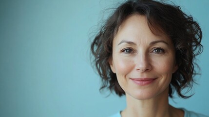 Fototapeta premium Close-up portrait of a smiling middle-aged woman with short curly hair against a light blue background Copy Space