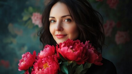 Naklejka premium Portrait of a woman holding vibrant peony flowers against a floral background with soft lighting and warm tones Copy Space