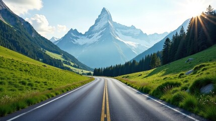 Naklejka premium Asphalt ribbon unfurls towards a majestic snow-capped peak, nestled within a vibrant valley of lush green meadows and dark evergreen forests.