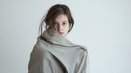 Young woman draped in soft gray fabric with a neutral background and thoughtful expression Copy Space