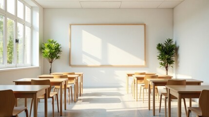 Fototapeta premium Bright and airy classroom with ample natural light illuminating desks and a large whiteboard