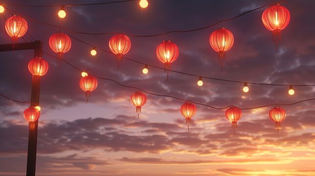 Traditional Chinese Red Lanterns Floating Against a Sunset Sky