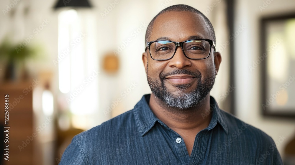 Poster portrait of a middle-aged man with glasses smiling in an indoor setting with soft natural light and 