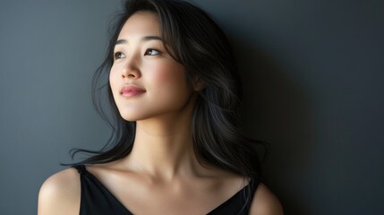 Naklejka premium Portrait of a young woman with long hair looking thoughtfully to the side against a dark background Copy Space