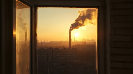 Window view of the factory emits toxic smoke that shines in the sun.