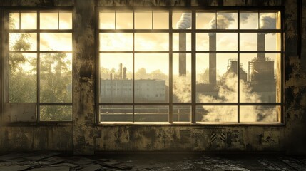 Fototapeta premium Window view of the factory emits toxic smoke that shines in the sun.