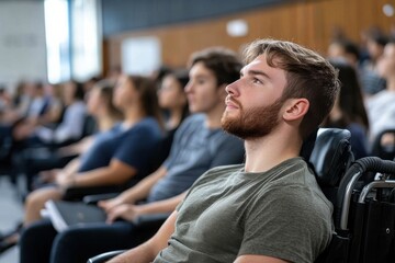 A thoughtful young man in a wheelchair gazes into the distance during an event, representing determination and the spirit of participation in societal discussions.