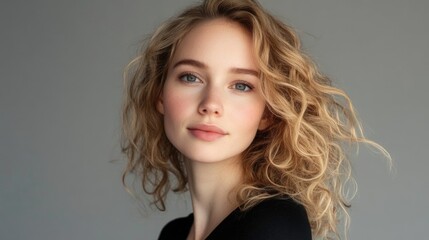 Fototapeta premium Portrait of a young woman with curly hair and natural makeup against a neutral background Copy Space