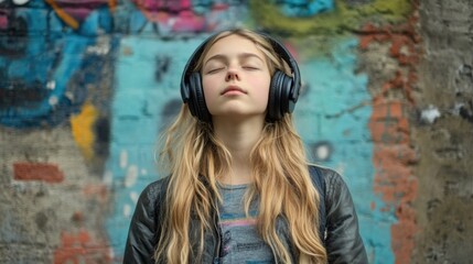 Obraz premium Young girl with long hair wearing headphones and closed eyes standing in front of a colorful graffiti wall Copy Space