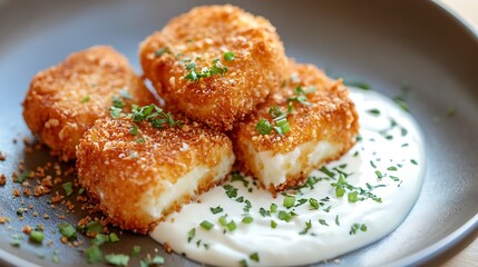 Deep fried bread crumbs fried halloumi cheese and greek yogurt