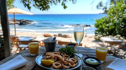 Fototapeta premium Deep fried calamari rings and tentacles served with lemon and dipping sauce on oval silver plater
