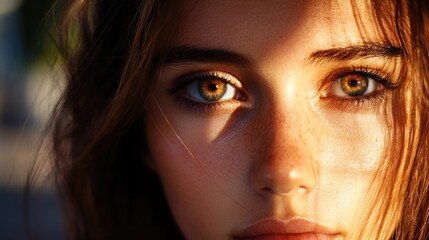 Fototapeta premium Close-up portrait of a young woman with striking green and brown eyes illuminated by sunlight shadows on her face