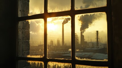 Fototapeta premium Window view of the factory emits toxic smoke that shines in the sun.