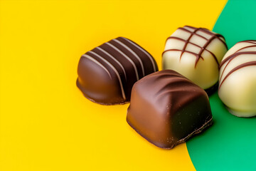 Fototapeta premium Delicious assorted chocolates arranged on a vibrant yellow and green background perfect for a sweet treat or celebration
