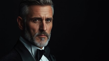 Fototapeta premium Portrait of a mature man with silver hair and beard wearing a tuxedo against a dark background with copy space