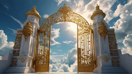 Golden Celestial Gate: Ornate Archway to Heavenly Cloudscape