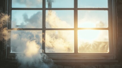 Window view of the factory emits toxic smoke that shines in the sun.