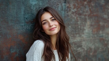 Fototapeta premium Smiling young woman with long brown hair posing against a textured dark background with copy space