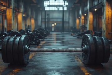 A heavy barbell rests on a wet floor in a dimly lit industrial gym Rows of weights line the walls