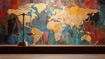 Colorful World Map with Scales of Justice Display