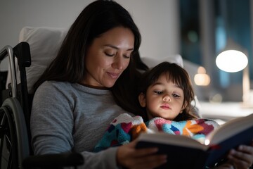 Obraz premium A mother and her child cuddle together while reading a book at night, creating a warm and tender atmosphere filled with love, connection, and bonding moments.