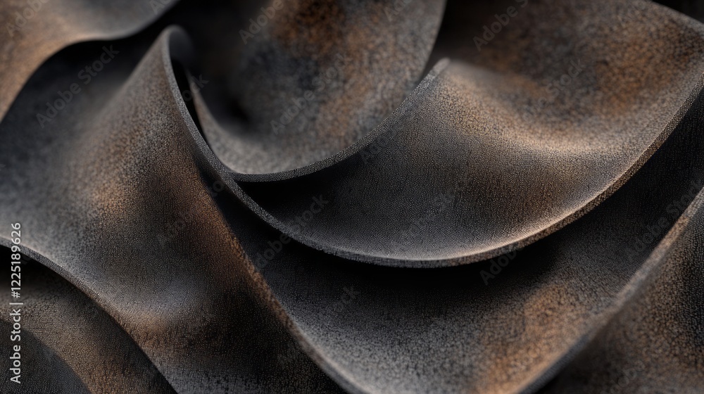 Poster a close-up of dark, textured metal shapes resembling abstract organic forms. the metallic sheen and 