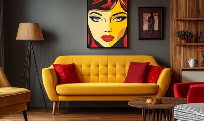 Vintage Charm Bright Woman Artwork in Modern Pop Art Retro Colors Cozy Living Room Interior with Yellow Sofa and Red Pillows, Generative AI