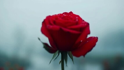 Single red rose with water droplets, standing tall against a misty gray background. Soft, moody lighting enhances the flower's vibrant color