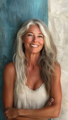 Fototapeta premium Confident and Radiant. Stunning Elderly Woman with Long, Gray Hair Smiling with Texture Background.