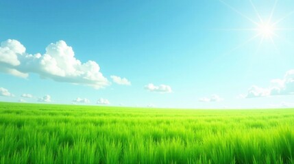 Obraz premium Vibrant Green Meadow Under a Sunny Sky with Puffy Clouds A Serene Pastoral Landscape Image