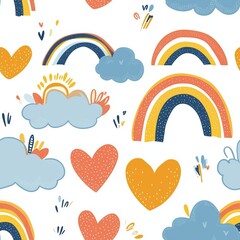 A seamless pattern featuring abstract rainbows, heart shapes, and clouds in soft pastel colors with a playful and artistic design, evoking a cheerful and creative vibe