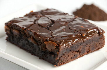 A rich, fudgy chocolate brownie sits on a white plate, showcasing a glossy surface and a moist texture, with a small pile of cocoa powder in the background.