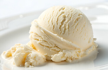 A creamy scoop of vanilla ice cream sits on a white plate, showcasing its smooth texture and rich flavor, perfect for a sweet treat.