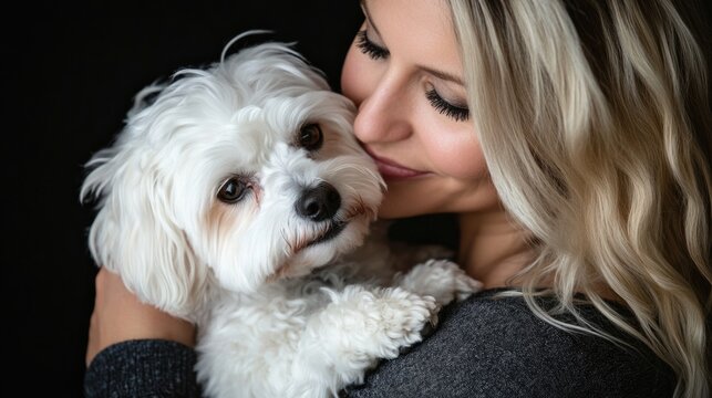 Woman adoring her purebred Maltese Bichon dog in a studio setting with a black velvet backdrop highlighting their bond and affection