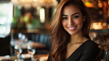 Elegant woman smiling in a luxurious restaurant setting with a warm and inviting atmosphere.