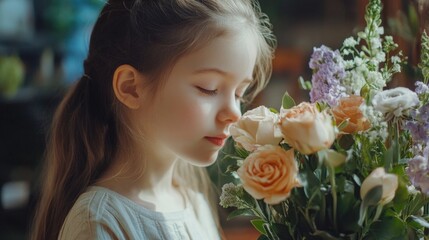 Naklejka premium Young florist enjoys the aroma of fresh flowers while crafting a stunning and vibrant bouquet in a charming floral shop setting