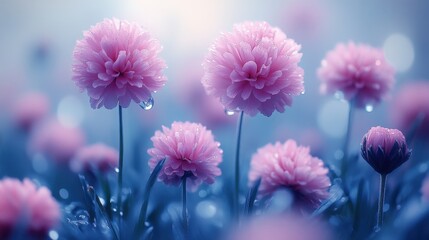 Pink Flowers with Dew Drops in Soft Focus