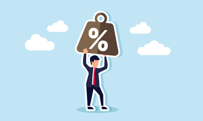 A businessman lifting a weight labeled with a percentage, illustration of responsibility in achieving high percentage profit