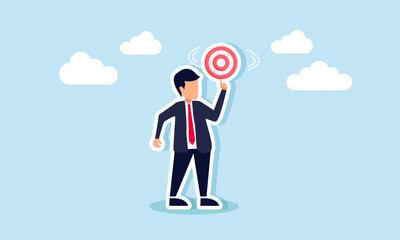 A businessman spinning a target board, illustration of brainstorming to achieve business targets effectively