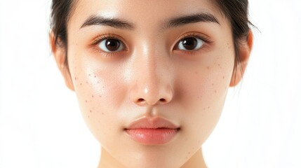 Obraz premium Portrait of a beautiful young Asian woman showcasing flawless skin in a close-up against a clean white background.