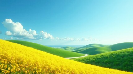 Fototapeta premium Serene Meadow Landscape Featuring Rolling Hills, a Winding Road, and a Vibrant Yellow Wildflower Field Under a Bright Sunny Sky