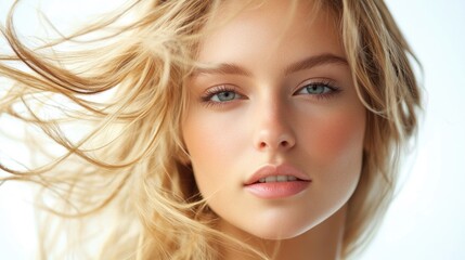 Fototapeta premium Radiant blonde woman with flowing hair showcasing natural beauty against a soft white background.
